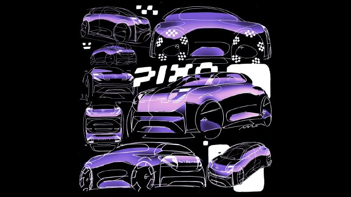 Automotive concept-sketch sheet presenting futuristic car designs from front, side, rear, and three-quarter views. Purple and black vehicles use white wireframe outlines, checkerboard accents, aerodynamic bodywork, oversized wheels, and bold stylized lettering across a black background.