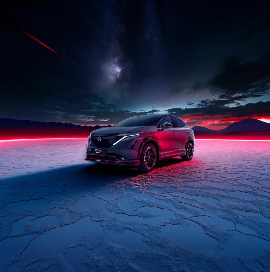 Front ¾ angle static shot of the front of the Ariya NISMO on a salt plain.