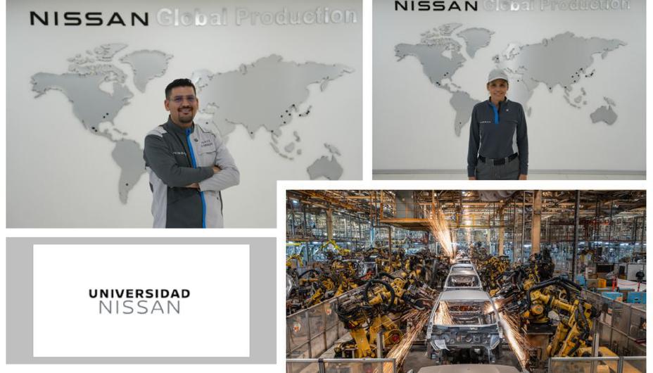 Lado superior izquierdo – Héctor Ornelas de fondo Mapa Mundial y el logo de Nissan Global Production, Lado superior derecho – Evelyn Macias González de fondo Mapa Mundial y el logo de Nissan Global Production. Lado inferior izquierdo- Logo Universidad Nissan, Lado inf. Derecho, línea de Producción Planta soldando partes.