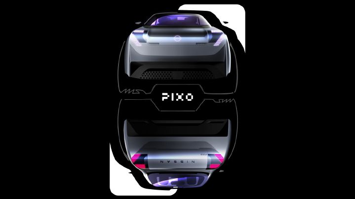 Automotive concept-design rendering shows Nissan PIXO electric vehicle from two opposing views on a black background. Sleek silver body, purple-tinted glazing, angular LED lighting, dark grilles, Nissan branding, and bold PIXO label emphasize futuristic aerodynamic styling.
