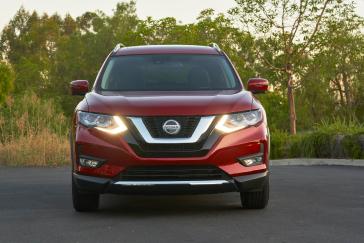 Head on view of a red 2020 Nissan Rogue