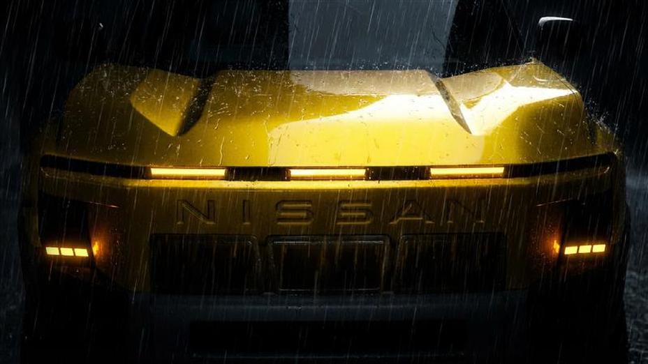 In a dark rainy setting, a yellow Xterra is shown from the front surface.