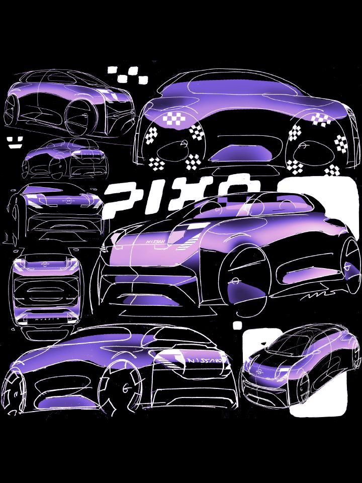 Purple and white design automotive sketches of Nissan PIXO with pixel-inspired design and "PIXO" lettering
