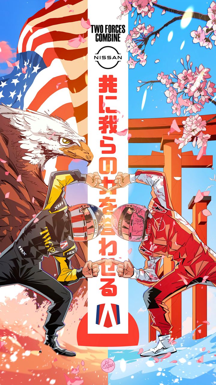 Grafikplakat zur Ankündigung von Nissan + Andretti im Manga-Stil und im Format 9:16.
