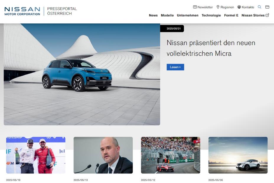 Screenshot der Highlight-Meldungen auf der neuen Nissan Presseseite