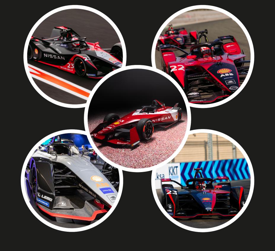 Mosaico com fotos de todos os carros da Nissan na Fórmula E desde a Temporada 5 até a Temporada 10