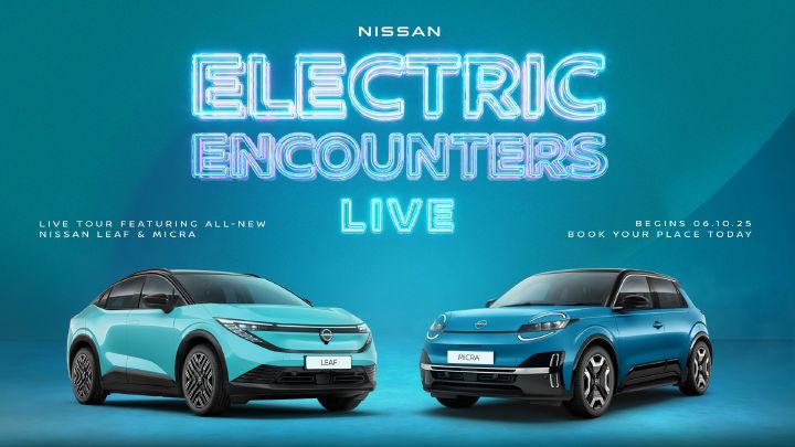 Two electric cars, the All-New Nissan LEAF and MICRA, are shown facing the viewer with the words Electric Encounters Live displayed above in large neon style lettering
