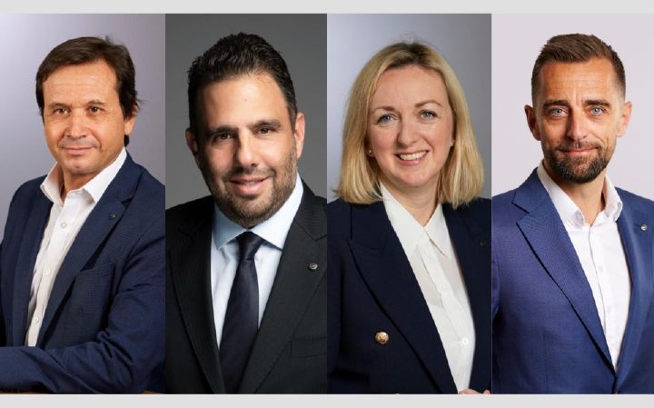 Billedet viser fire portrætter af Nissan AMIEO executives – Jordi Vila, Thierry Sabbagh, Clíodhna Lyons og Guillaume Barbet