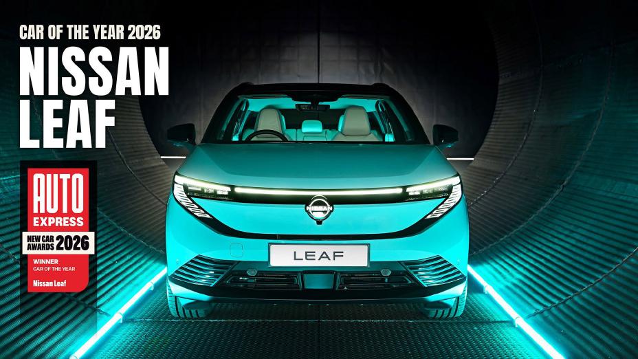 A teal-coloured All-New Nissan LEAF is parked facing the camera, with blue lighting underneath and the Auto Express Car of the Year 2026 logo shown on the left-hand side