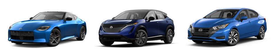 A photo collage of a blue 2024 Nissan Z, 2024 Nissan Ariya and 2024 Nissan Versa against a white background.