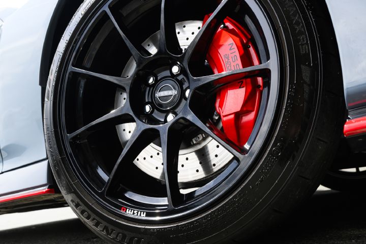 Close up of the wheel and brake caliper on the 2027 Nissan Z NISMO Manual Transmission.