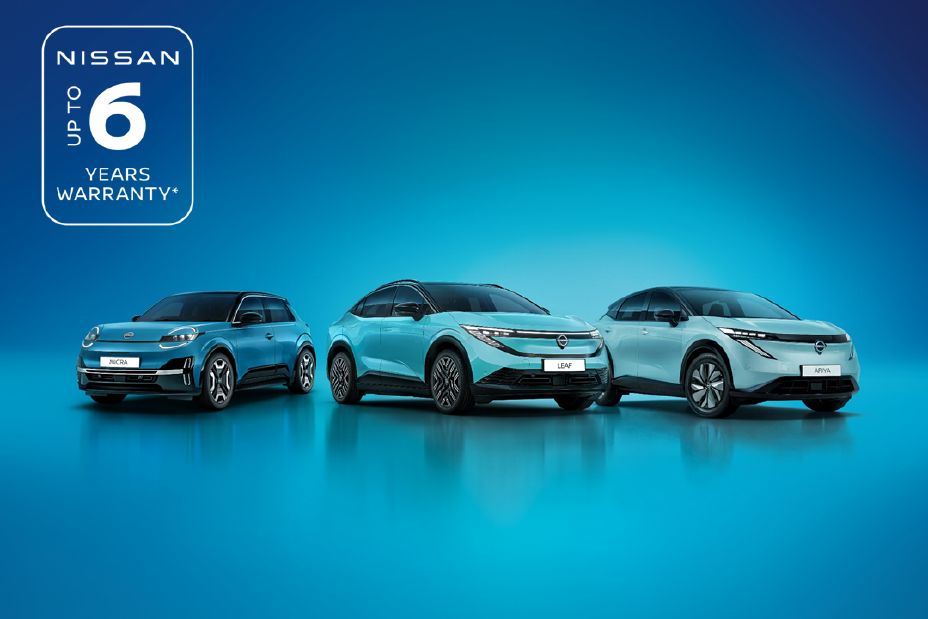 Image of the All New MICRA, All New LEAF and 2026 model year ARIYA with a 6 year service activated warranty logo