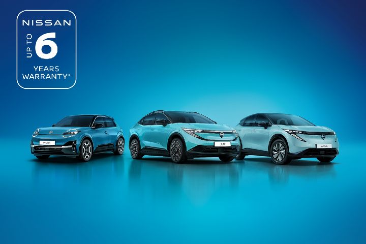 Image of the All New MICRA, All New LEAF and 2026 model year ARIYA with a 6 year service activated warranty logo