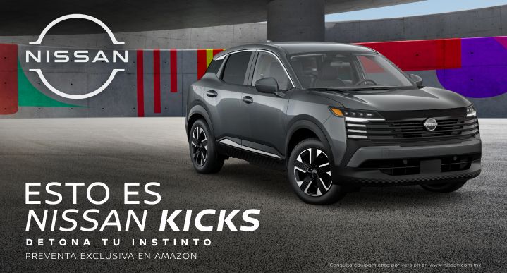 Nuevo Nissan Kicks 2025 en gris Oxford, estacionado al fondo pared de colores gris, con rayas y cuadros rojos, amarillo, azules y verde Logo Nissan y Esto es Nissan Kicks. Detona tu instinto, preventa exclusiva en Amazon.