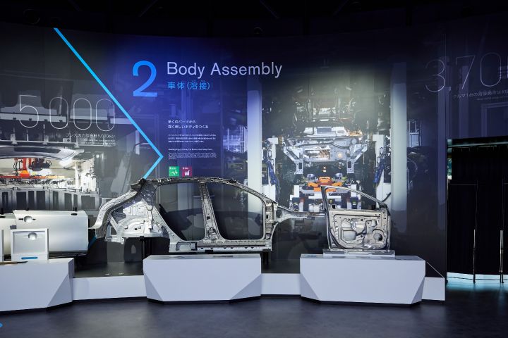 円形ホール壁面の「車体工程」の展示。