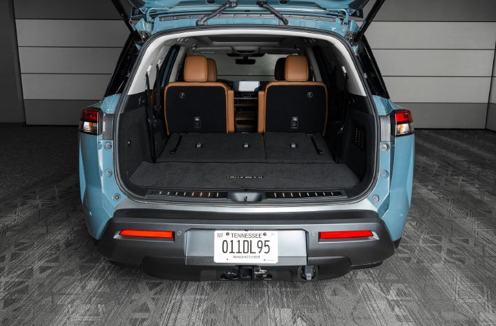 The trunk of the 2026 Nissan Pathfinder with the third row seats folded down.