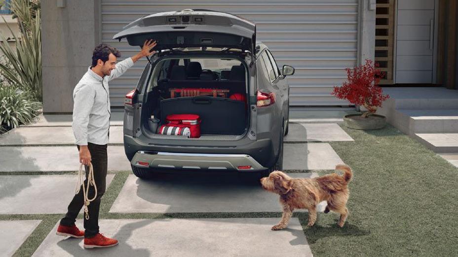 SUV estacionada en el jardín de una casa con persona y perro