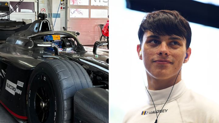 Carro da equipe Nissan de Fórmula E, ainda sem pintura, e o piloto Zane Maloney em duas fotos montadas juntas