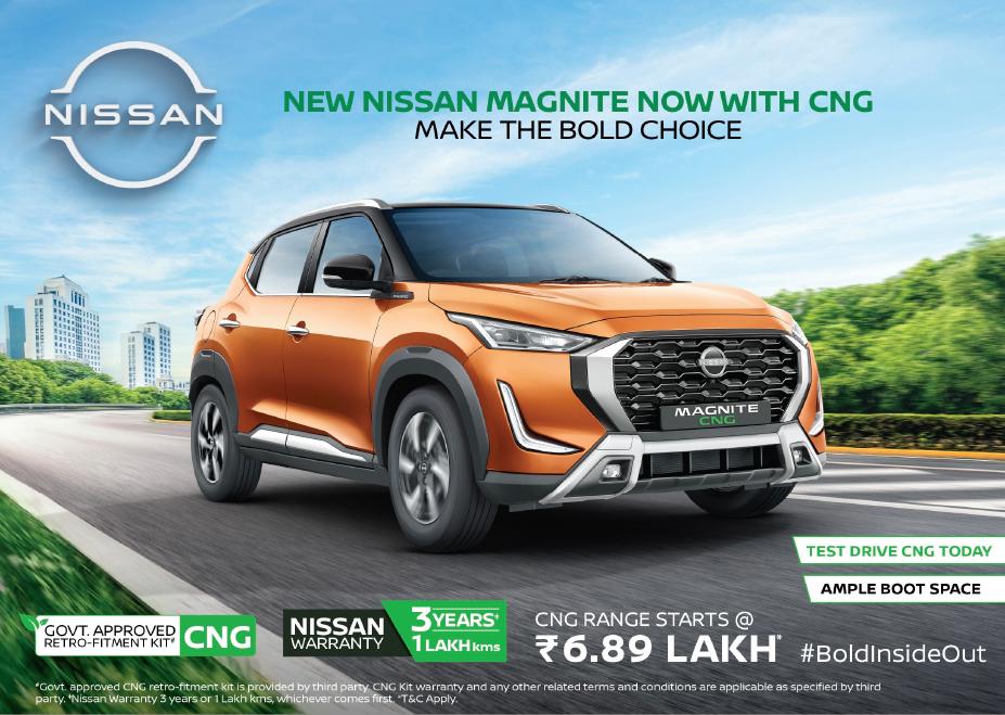 A promotional image showcasing the New Nissan Magnite with CNG option. The Magnite is seen driving on a city road with greenery and buildings in the background. Text on the image highlights key features including a government-approved retro-fitment CNG kit.