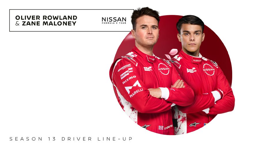 Grafikdarstellung von Oliver Rowland und Zane Maloney in ihren roten Rennanzügen des Nissan Formula E Teams im 16:9-Format.