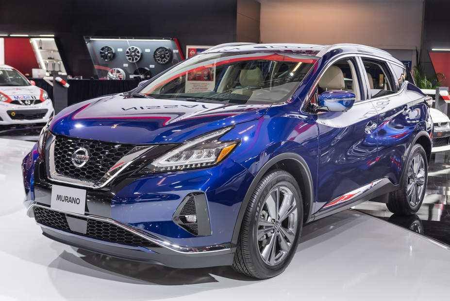 Front drivers side view of a blue Nissan Murano on display at the Montreal Auto Show