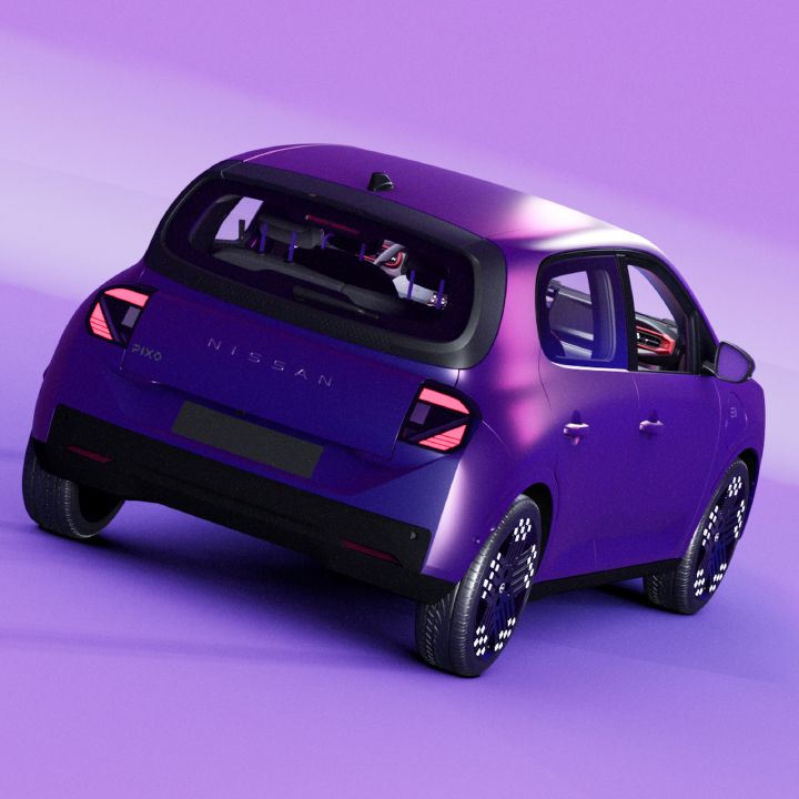 Photorealistic automotive render presents a compact purple Nissan hatchback from a rear three-quarter angle. Distinctive elements include angular LED taillights, dark rear glass, blank license plate area, black bumper trim, patterned wheels, and futuristic interior details against a lavender studio background.