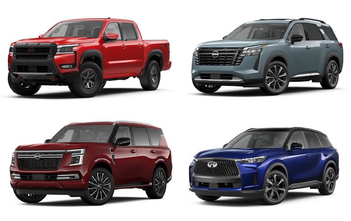 A photo collage of the 2026 Nissan Frontier, Armada, Pathfinder and INFINITI QX60.