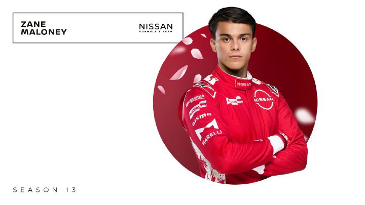 Grafikdarstellung von Zane Maloney in seinem roten Rennanzug des Nissan Formula E Teams im Format 16:9.