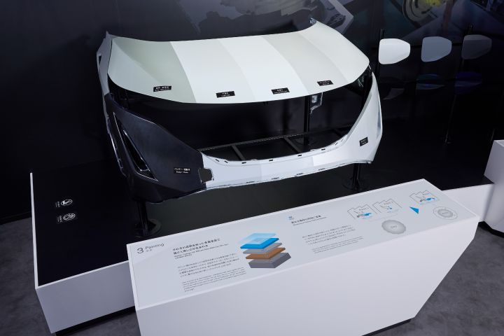 塗装工程のクローズアップ（車体を白く塗装する様子）