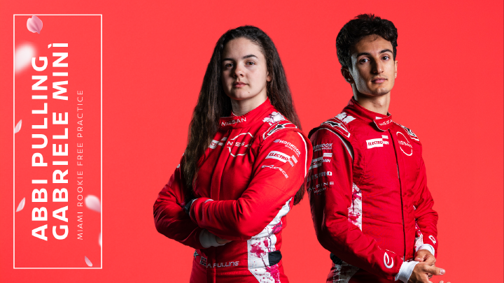 Landscape graphic image of Abbi Pulling (left) and Gabriele Minì (right) both in their red Nissan Formula E Team race suits stood in front of a red background with a white label on the left hand side containing both of their names and 'Miami Rookie Free Practice'.