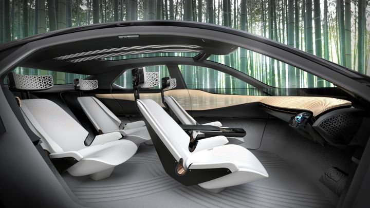 A rendering of the interior seating area in the Nissan IMx KURO concept