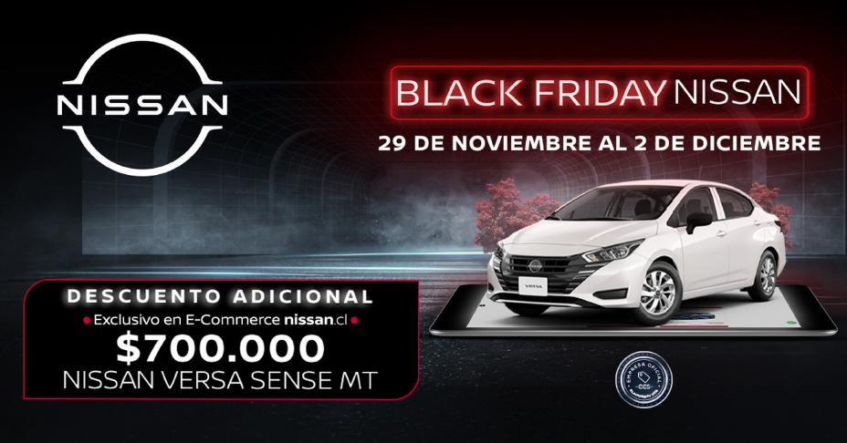 Gráfica promocional de Black Friday Nissan con automóvil blanco modelo Versa y su descuento de 700 mil pesos.