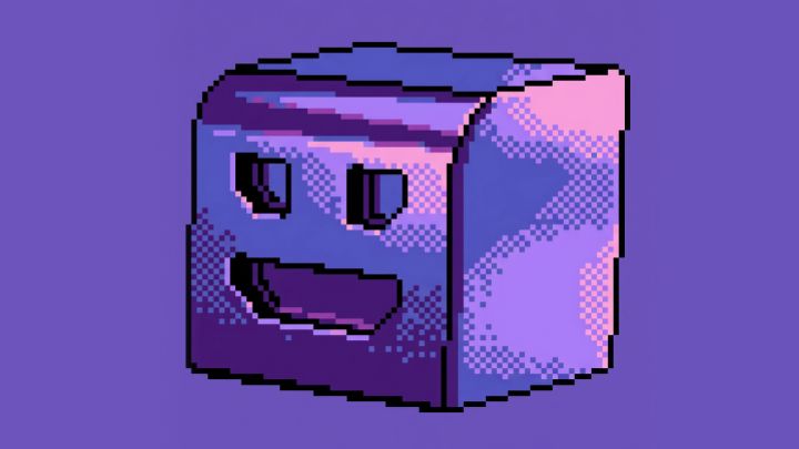 Purple pixel-inspired robot face