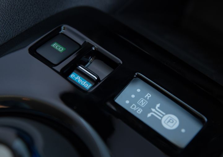 Close up of the eco gear shift control panel inside the 2025 Nissan LEAF