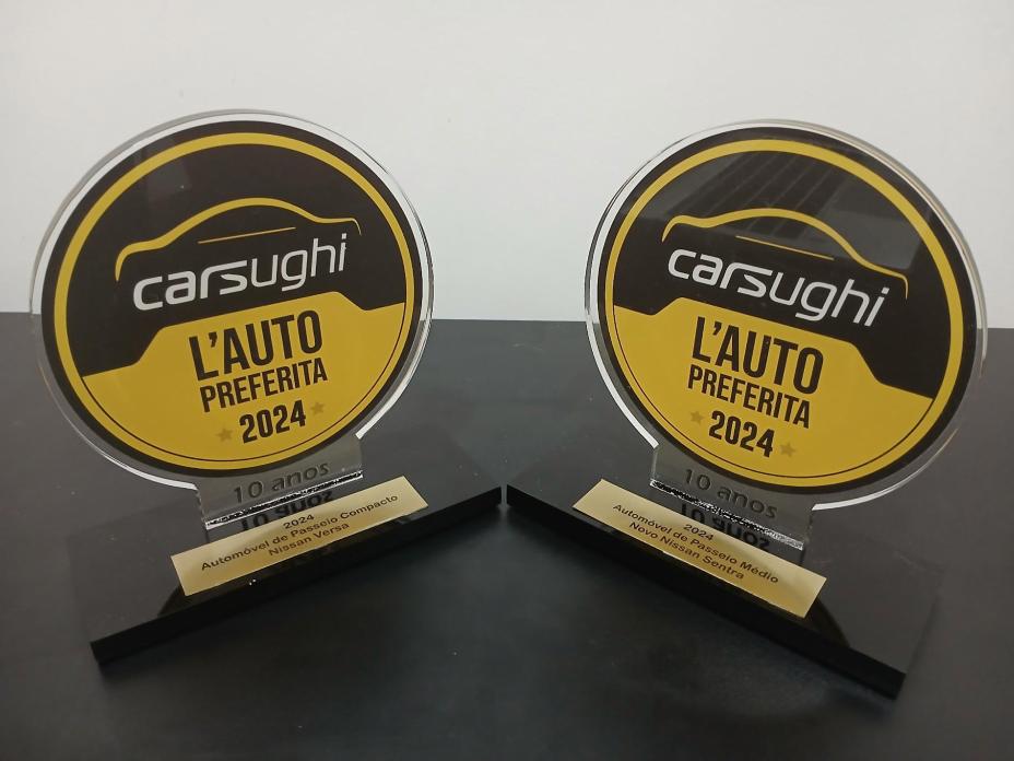 2 troféus de formato redondo, em um dos troféus a inscrição “Automóvel de passeio médio Novo Nissan Snetra’’ e no outro ‘’Automóvel de passeio Compacto Nissan Versa’’