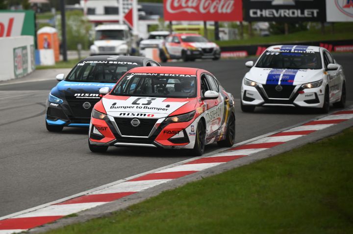 Three Nissan Sentra race cars competing during the first race weekend of the Nissan Sentra Cup