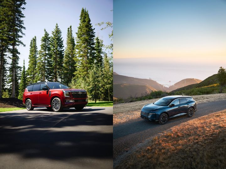 A collage of a Nissan Armada and Murano parked at an angle, facing each other.