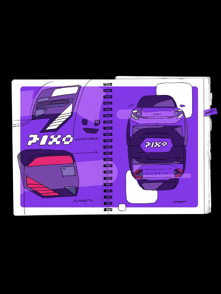 El cuaderno ilustrado presenta estudios de diseño de coches futuristas en vistas frontal, trasera y lateral. Paneles morados, líneas negras, detalles blancos, encuadernación en espiral, anotaciones técnicas y marcas repetidas "PIXO" enfatizan el proceso de desarrollo conceptual.