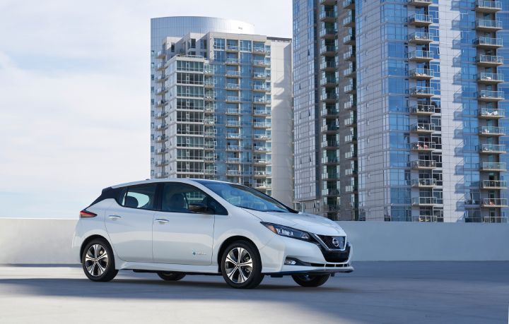 A distant photo of the passenger side of the 2019 Nissan LEAF PLUS