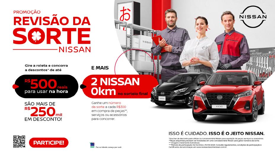 Cartaz de divulgação da promoção ‘’Revisão da Sorte’’ com o regulamento escrito e imagens dos carros disponíveis no sorteio um Nissan Kicks Active e um Nissan Versa Sense