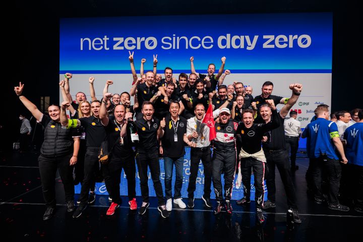Nissan Formula E Team members celebrate on the Tokyo E-Prix podium