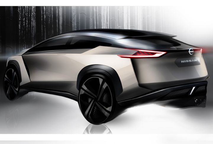A rear angled view of the rendering of the Nissan IMx KURO concept