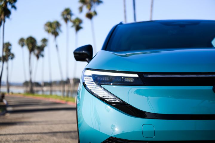 Half front view of the left headlight on the 2026 Nissan LEAF.