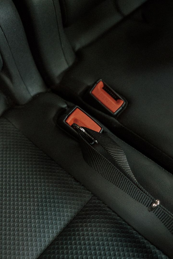 Detailaufnahme vom Nissan Hundegeschirr, das in den Sicherheitsgurtverschluss eingeklinkt ist.