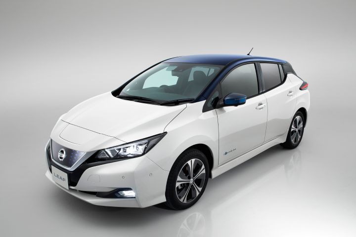 A photo of a white Nissan LEAF