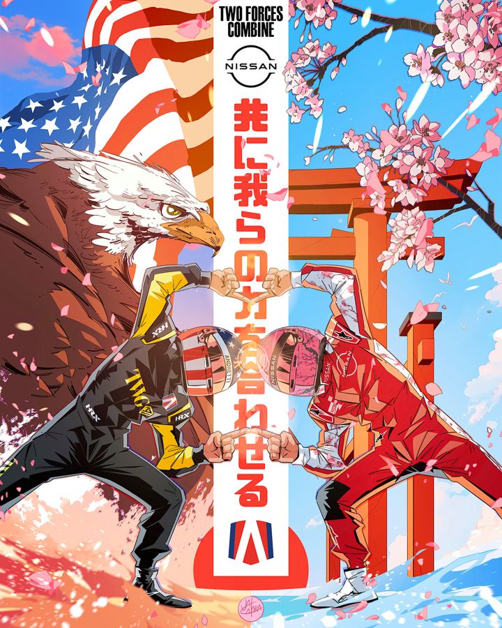 Grafikplakat zur Ankündigung von Nissan + Andretti im Manga-Stil und im Format 4:5.