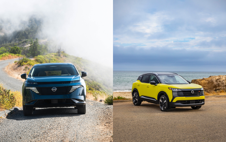 A collage of a blue forward-facing Nissan Murano and a yellow right-facing Nissan Kicks.