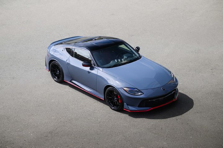 Aerial view of the 2027 Nissan Z NISMO Manual Transmission parked on cement.