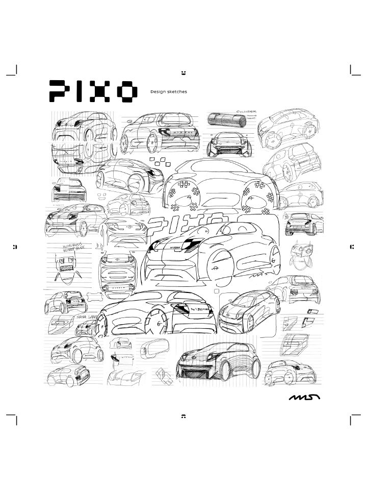 Esboços automóveis a preto e branco do Nissan PIXO com a inscrição «PIXO»