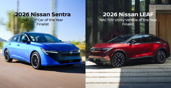 Picture collage of a Nissan LEAF and Sentra with white writing hanging above the vehicles.